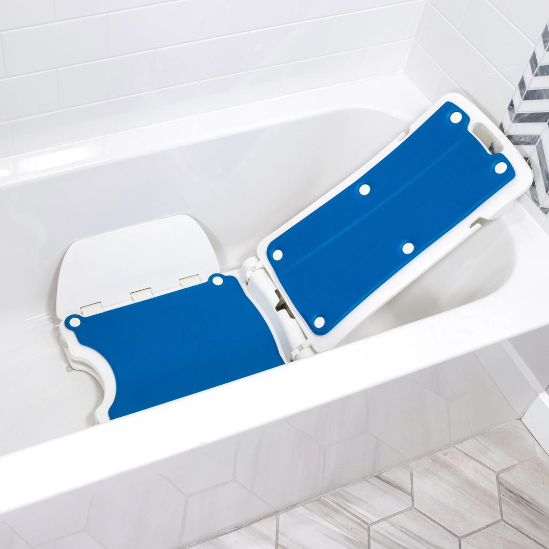 The SolutionBased BathLyft is a battery-powered bathtub lift chair designed to assist individuals with mobility challenges in safely entering and exiting the tub.