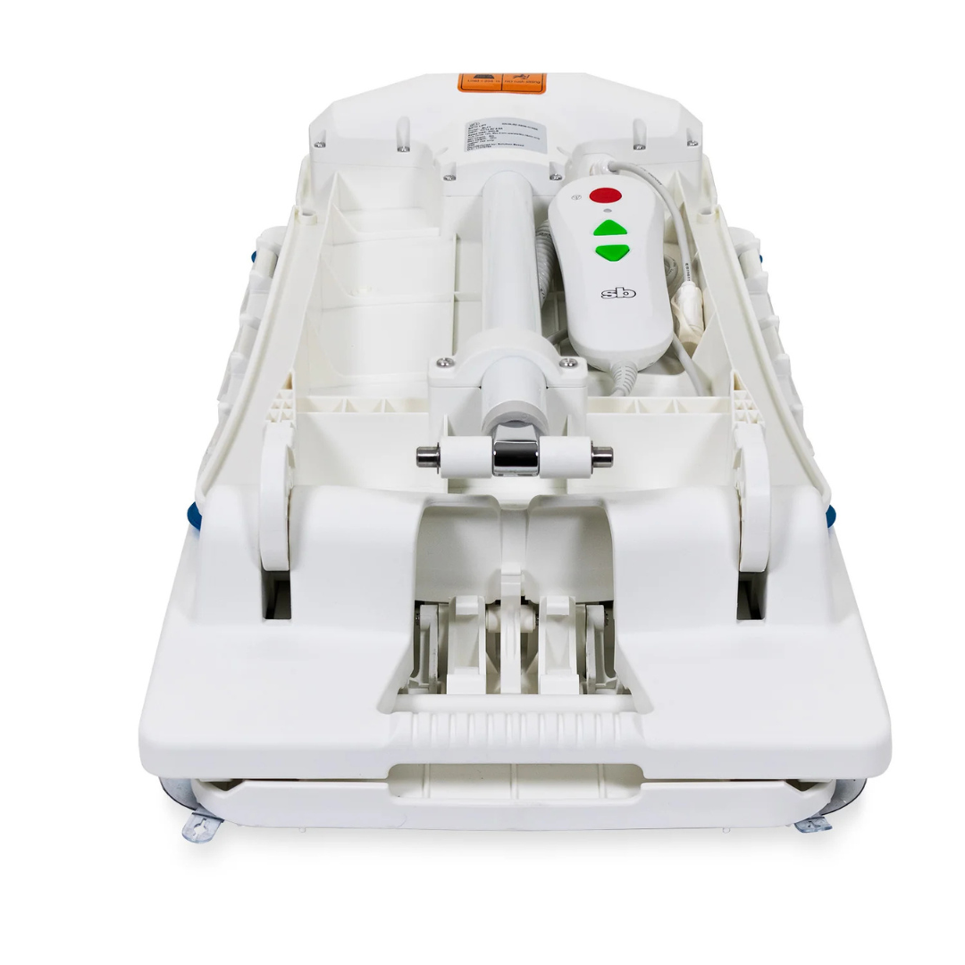 The SolutionBased BathLyft, shown from the front, highlights its rollers, wheels, and control panel with red and green buttons—designed for safety like modern bathtub aids.