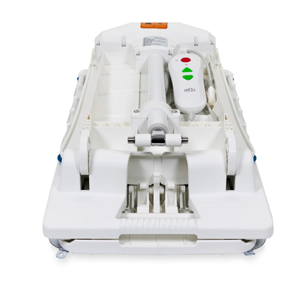 The SolutionBased BathLyft, shown from the front, highlights its rollers, wheels, and control panel with red and green buttons—designed for safety like modern bathtub aids.