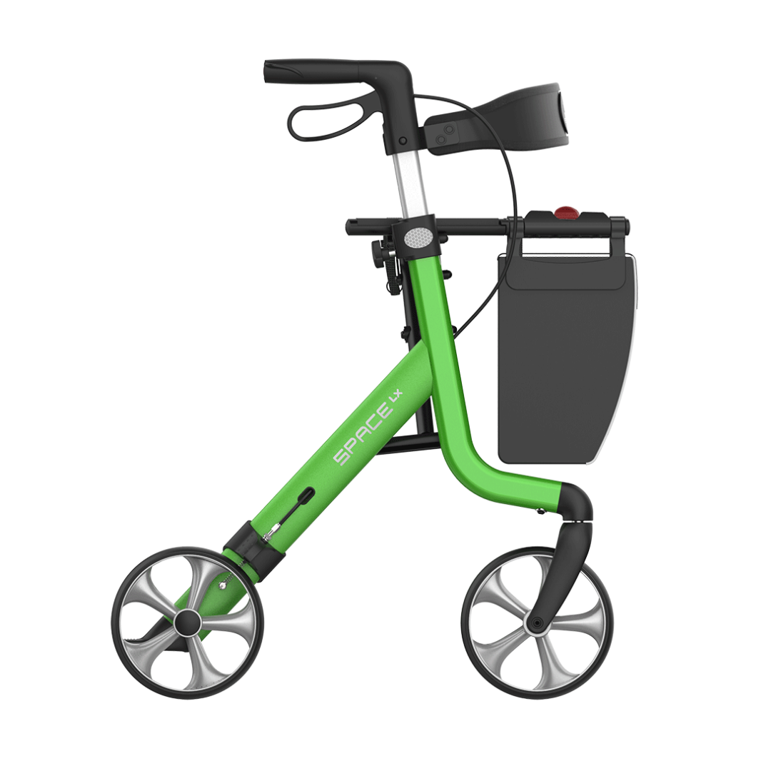 The Rehasense Space LX Art Deco Ultralight Rollator features designer patterns, four large wheels, black handles with brakes, an integrated seat, and a storage compartment on the frame.