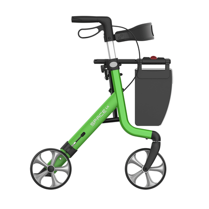The Rehasense Space LX Art Deco Ultralight Rollator features designer patterns, four large wheels, black handles with brakes, an integrated seat, and a storage compartment on the frame.