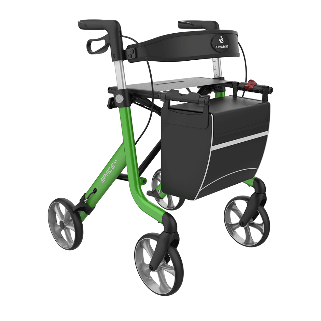 The Rehasense Space LX Art Deco Ultralight Rollator features designer patterns, four wheels, ergonomic handles, a lightweight folding aluminium frame, and a spacious front storage bag.