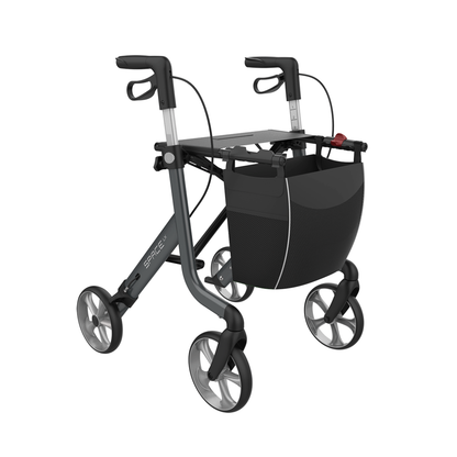 The Rehasense Space LX Art Deco Ultralight Rollator features designer patterns, four large wheels, ergonomic handles with brakes, and a front mesh storage basket.
