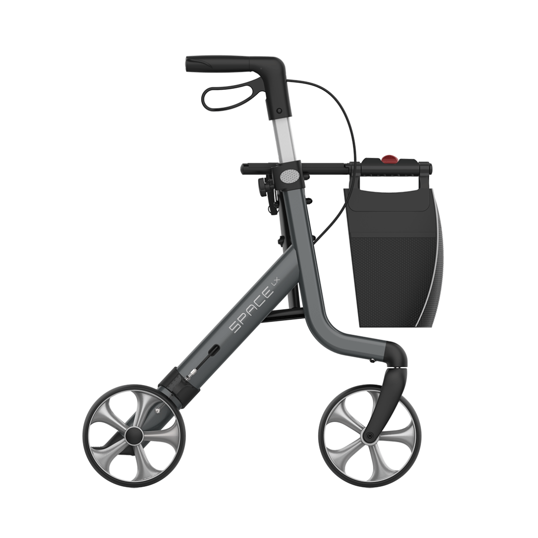 The Rehasense Space LX Art Deco Ultralight Rollator with Designer Patterns is lightweight, stylish, easy to maneuver, and features large wheels, a handbrake, and a black storage bag for convenient everyday mobility.