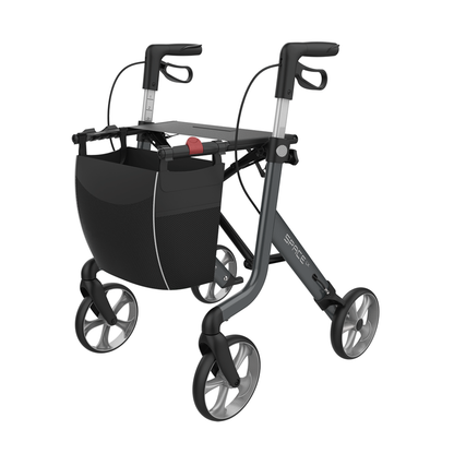The Rehasense Space LX Art Deco Ultralight Rollator features designer patterns, four large wheels, ergonomic handles, a built-in seat, and a front storage bag.
