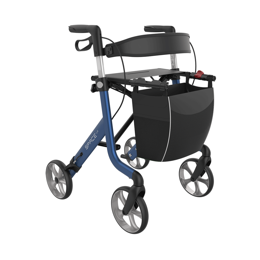 The Rehasense Space LX Art Deco Ultralight Rollator with designer patterns is shown on a white background, featuring four wheels, ergonomic handles, a built-in seat, storage tray, and detachable black bag for comfortable daily mobility.
