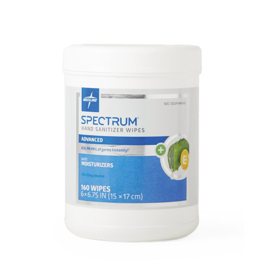 A white canister of Medline Spectrum Advanced Hand Sanitizer Wipes contains 160 unscented wipes with moisturizers and Vitamin E. Each disposable wipe measures 6 x 6.75 inches.
