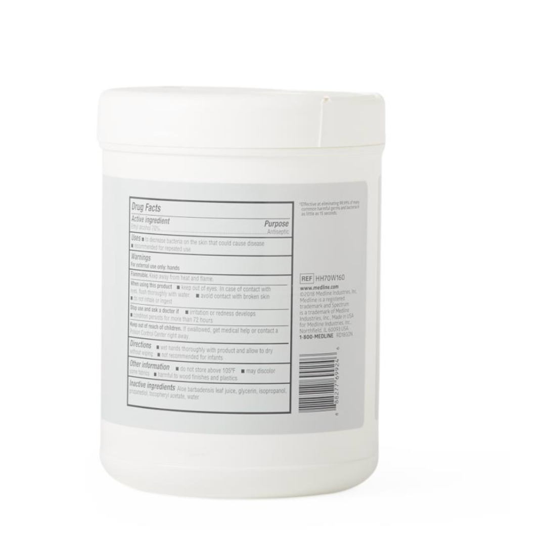 A white plastic container with a lid shows the back label of Medline Spectrum Advanced Hand Sanitizer Wipes, listing drug facts, warnings, directions, and inactive ingredients in black and gray text on a light background.