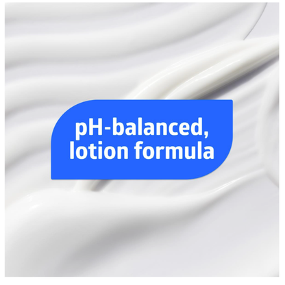 Smooth white lotion covers the background, while a blue text bubble in the center highlights: “pH-balanced, Medline Spectrum Advanced Lotion Hand Soap with Aloe Vera formula.”.