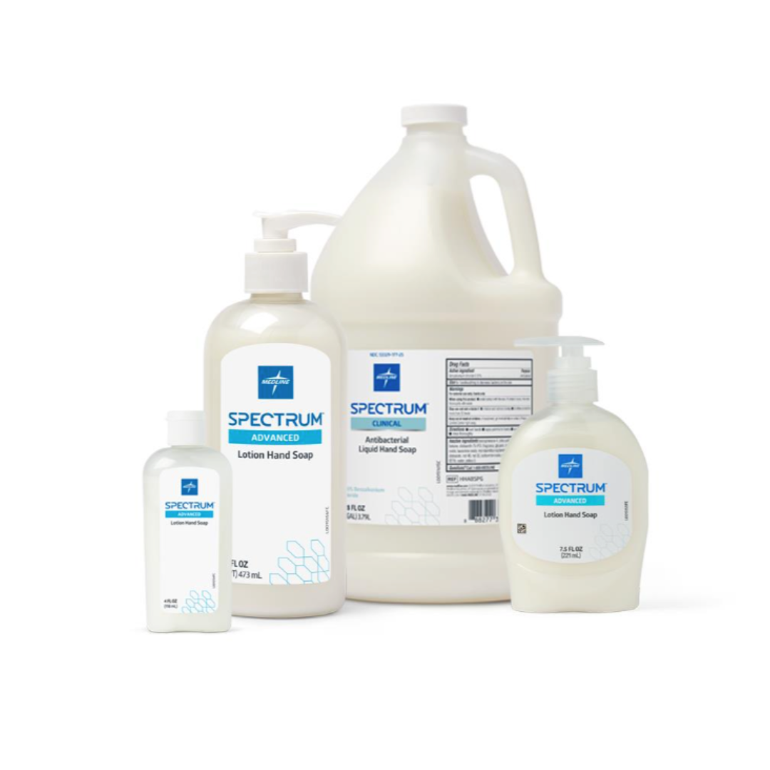 Four bottles of Medline Spectrum Advanced Lotion Hand Soap with Aloe Vera—one gallon jug, two pump bottles, and one small squeeze bottle—all in white bottles with blue labels, are arranged against a white background.