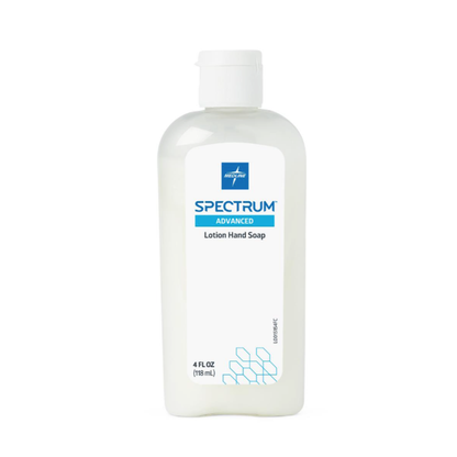 A clear plastic bottle of Medline Spectrum Advanced Lotion Hand Soap with Aloe Vera, 4 fl oz (118 mL), features a white flip-top cap and blue accents on the label.