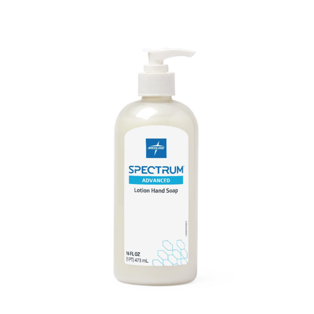 A 16 fl. oz. (473 mL) bottle of Medline Spectrum Advanced Lotion Hand Soap with Aloe Vera, featuring a pump dispenser and packaged in a white bottle with a blue and white label.