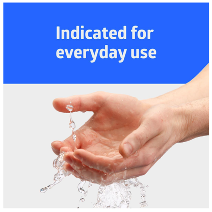 A close-up of two hands being washed with water, with the text "Indicated for everyday use" and "Medline Spectrum Advanced Lotion Hand Soap with Aloe Vera" shown above on a blue background.