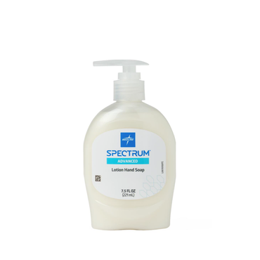 A white plastic pump bottle of Medline Spectrum Advanced Lotion Hand Soap with Aloe Vera, 7.5 fl oz (221 mL), features a blue and white label with the Medline logo on the front.