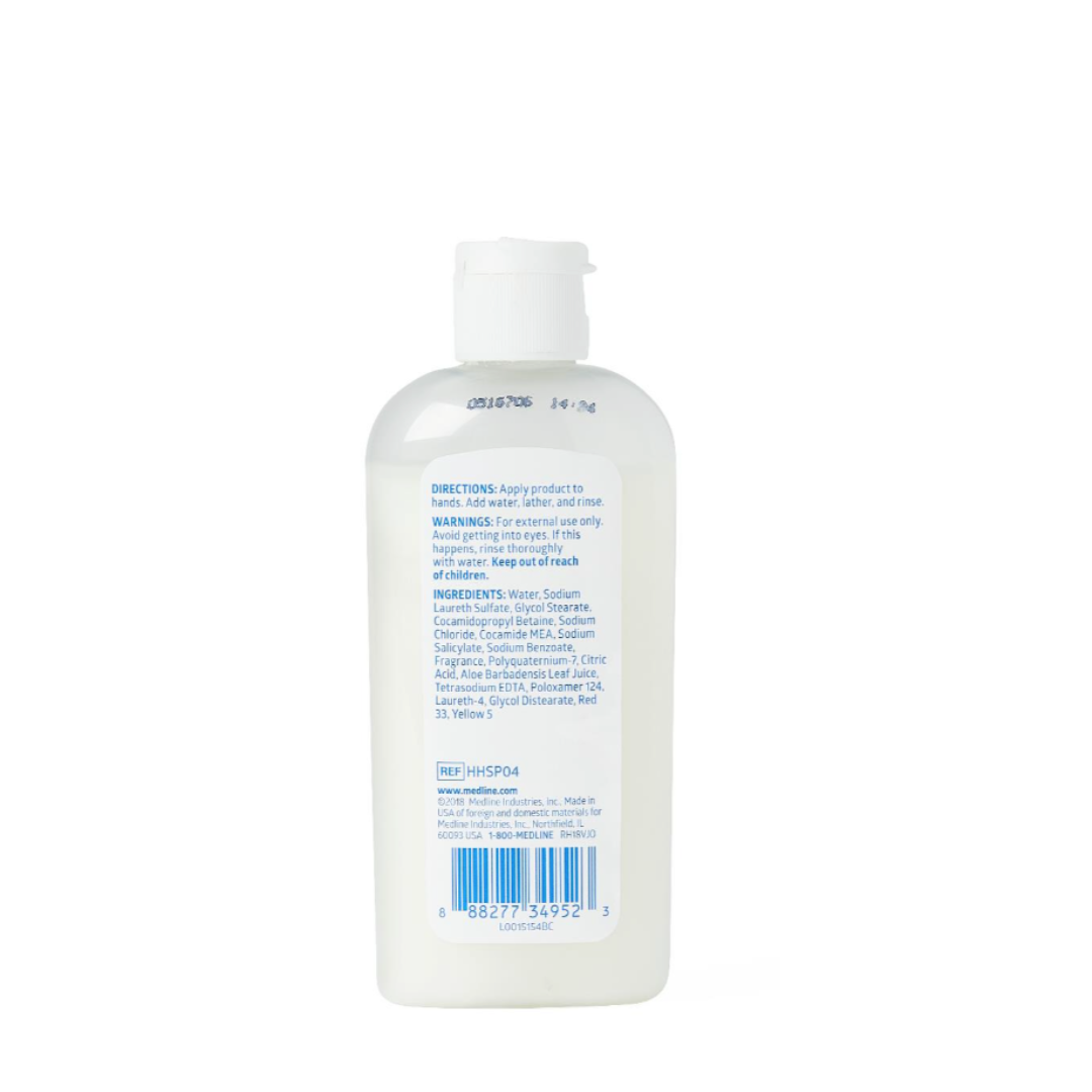 A clear plastic bottle with a white flip cap shows the back label—directions, warnings, ingredients, blue-text barcode. The bottle contains Medline Spectrum Advanced Lotion Hand Soap with soothing Aloe Vera.