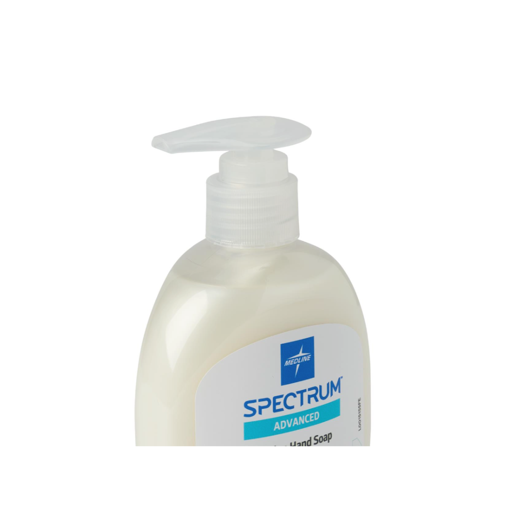 A plastic pump bottle of Medline Spectrum Advanced Lotion Hand Soap with Aloe Vera, partially shown on a white background. The dispenser is white with a clear pump and blue and turquoise label.