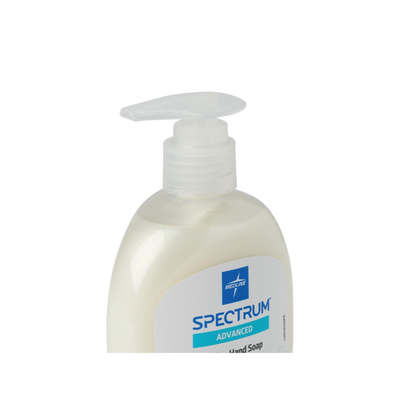 A plastic pump bottle of Medline Spectrum Advanced Lotion Hand Soap with Aloe Vera, partially shown on a white background. The dispenser is white with a clear pump and blue and turquoise label.