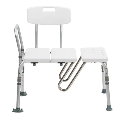 The Drive Splash Defense™ Transfer Bench with Curtain Guard Protection is a white and silver adjustable shower bench with backrest and armrest, featuring a perforated seat for drainage and designed for bath safety, ideal for seniors.