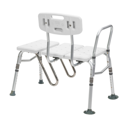The Drive Splash Defense™ Transfer Bench with Curtain Guard Protection features a white and silver adjustable design, backrest, armrest, drainage seat holes, and non-slip rubber feet—ideal for seniors seeking safe, comfortable bathing.