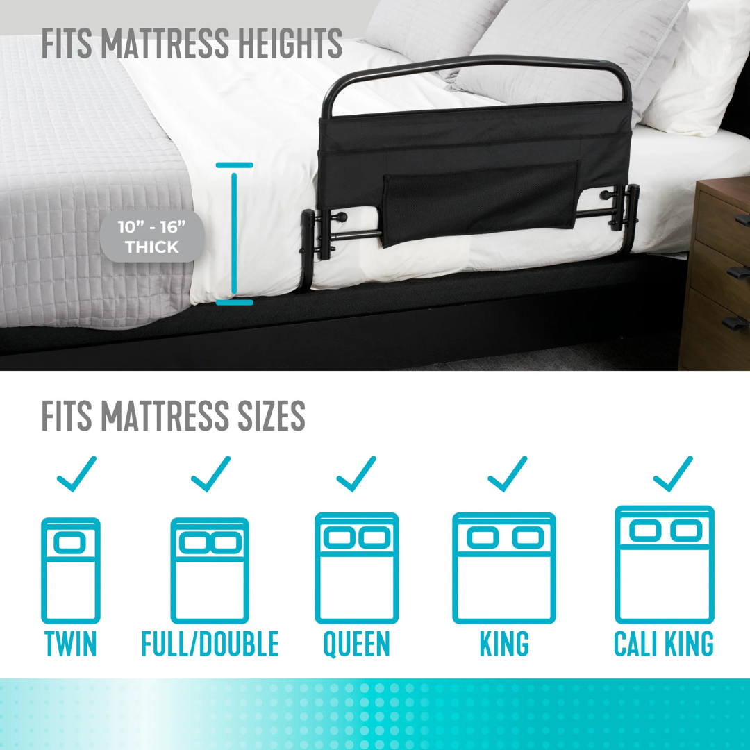 The Stander Safety Bed Rail & Padded Pouch, 30" rail length, is shown in black with a standing handle attached to a bed with a white mattress. It fits 10–16" thick Twin, Full/Double, Queen, King, and California King mattresses and offers fall protection.