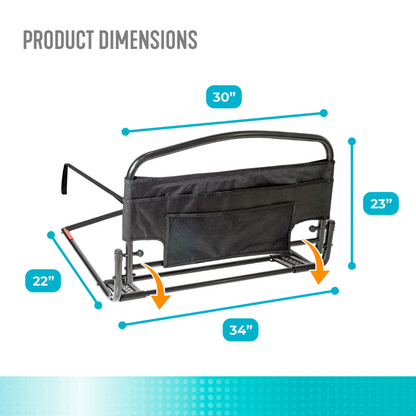 The Stander Safety Bed Rail & Padded Pouch features a sturdy handle and black pouch, measures 30" long, and offers added fall protection. Blue lines mark the product's dimensions clearly in the image for easy reference.