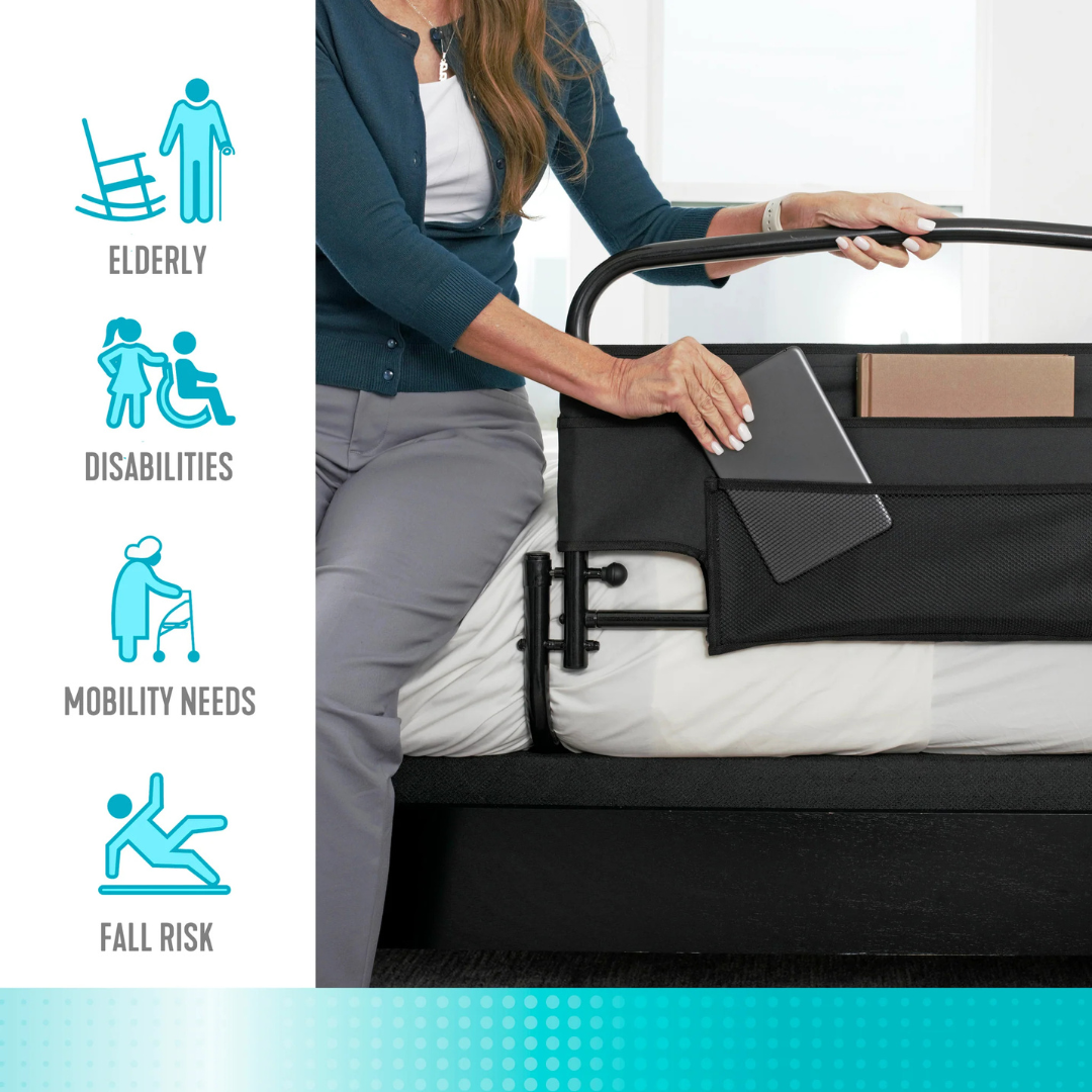 A woman sits on a bed, holding the Stander Safety Bed Rail & Padded Pouch (30" Rail). Icons and text to the left highlight that this rail with pocket aids the elderly, people with disabilities, mobility needs, and those at risk of falls.