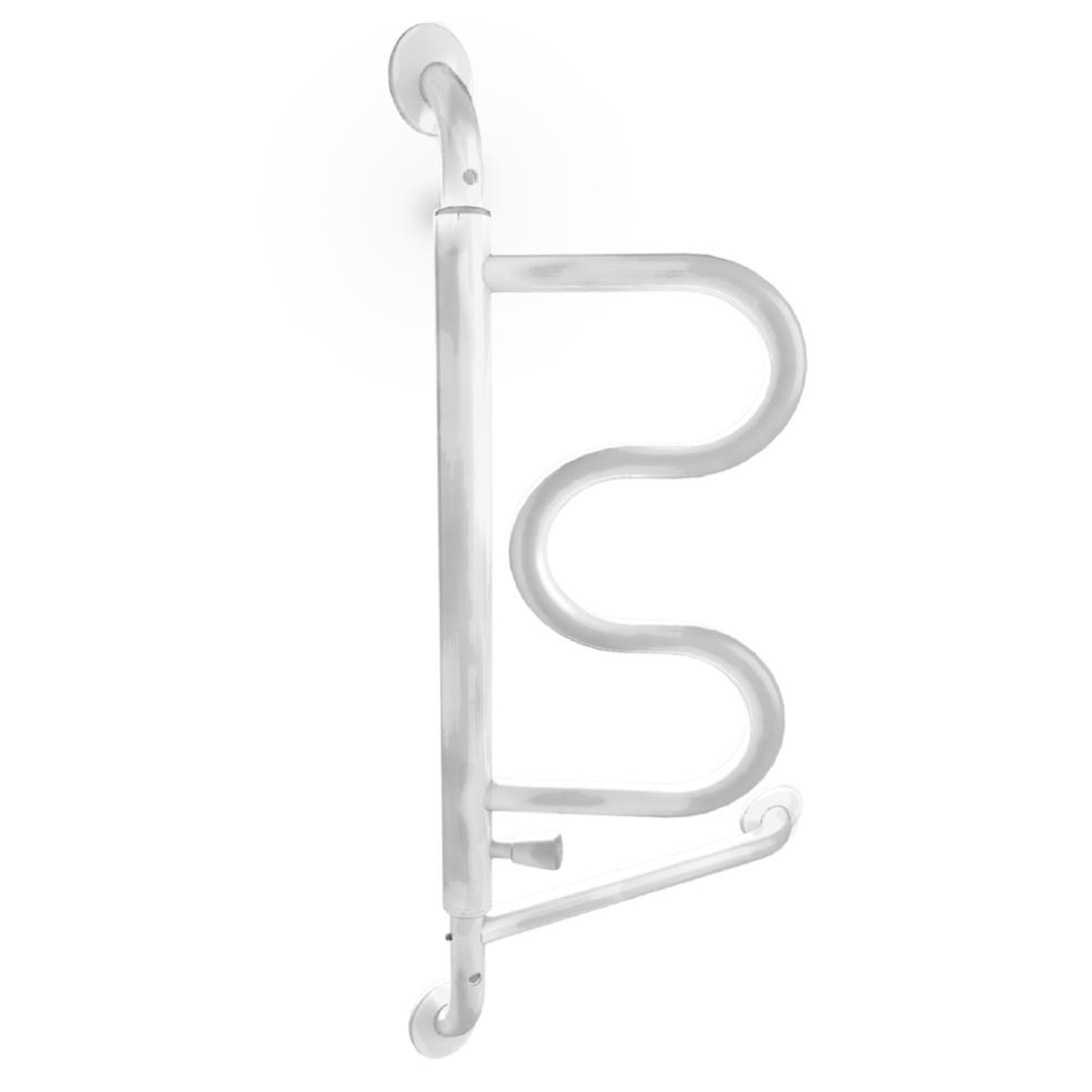 The Stander Curve Grab Bar - 180° Pivoting Arm is a white, wall-mounted grab bar with an S-shaped design and angled support arm, ideal for improving bathroom safety and accessibility.