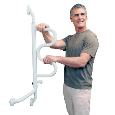 A man in a taupe shirt holds the Stander Curve Grab Bar - 180° Pivoting Arm, a white wall-mounted safety bar designed for stability and support, against a plain white background.