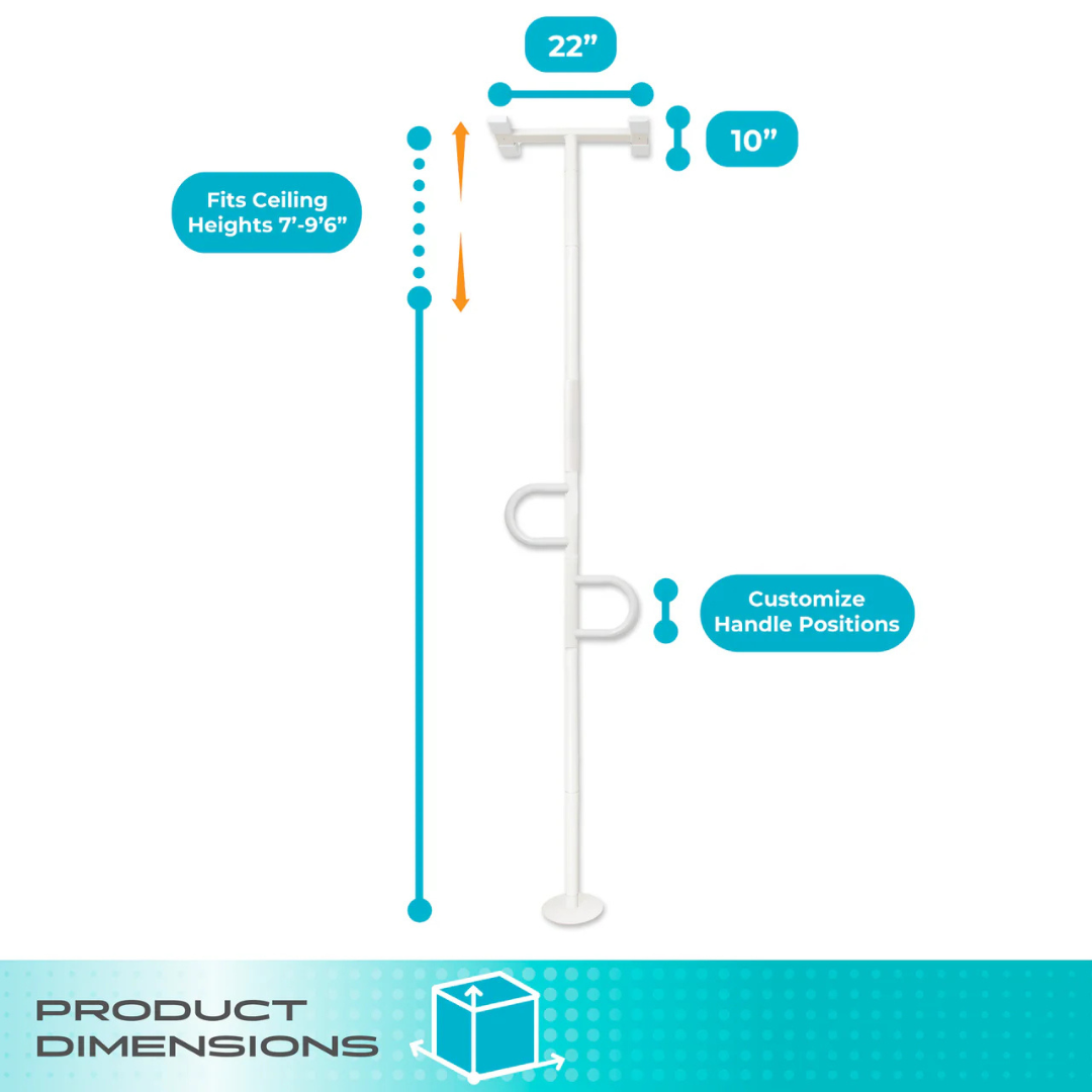 Diagram of the Stander Double Handle Floor to Ceiling Grab Bar: 22" wide, 10" deep, fits ceilings from 7' to 9'6". Features two adjustable handles for customizable support and added safety.
