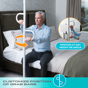 A man sits on a bed holding the Stander Double Handle Floor to Ceiling Grab Bar with adjustable handles. An inset shows the handles can be set at any height or angle. Text: Customize handle position.
