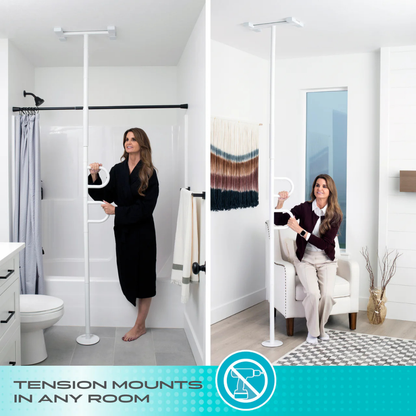 Split image shows a woman using the Stander Double Handle Floor to Ceiling Grab Bar: standing by a bathtub and sitting by a chair. Text reads: Tension mounts in any room, providing versatile grab bar safety wherever you need it.