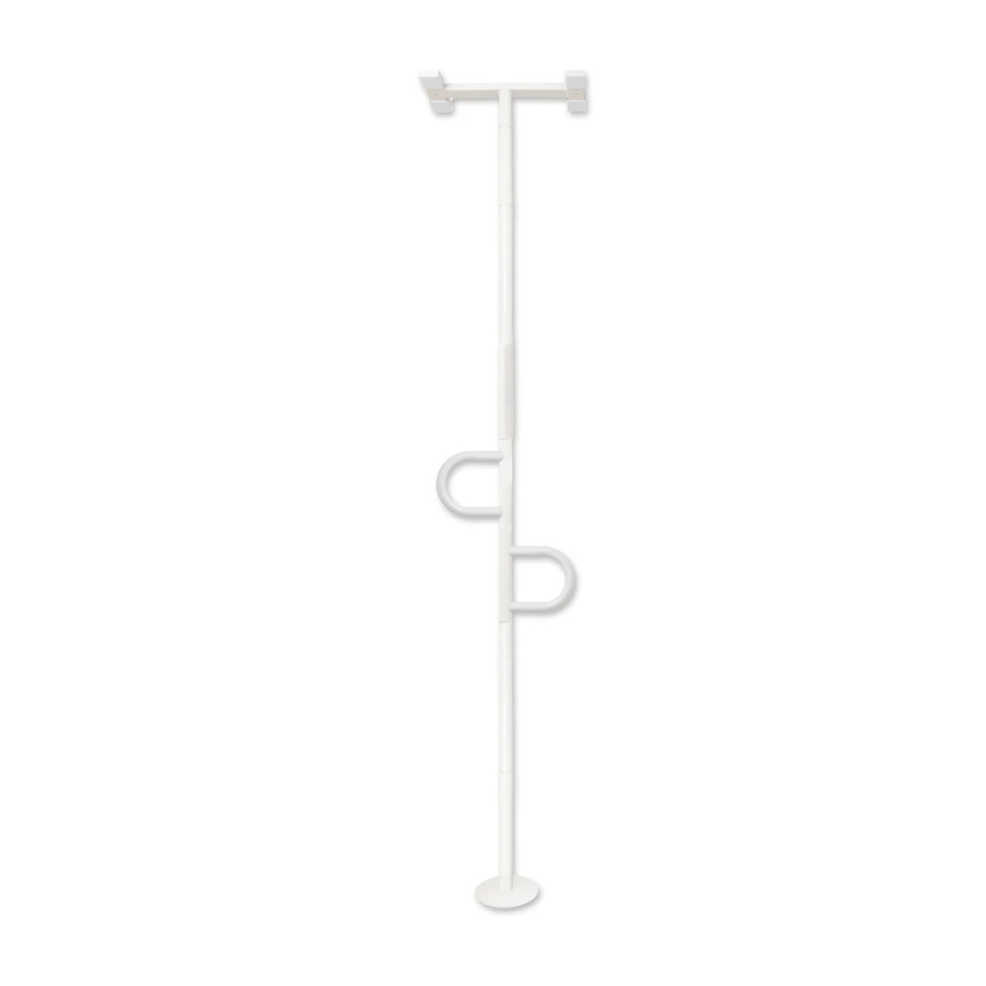 The Stander Double Handle Floor to Ceiling Grab Bar is a white support pole with two horizontal handles at different heights and a top crossbar, designed to enhance safety and stability when standing or sitting.