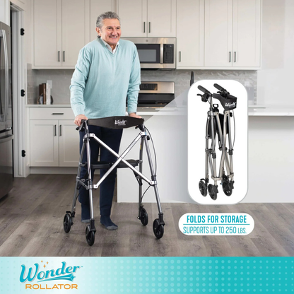 An older man smiles while using the Stander Space Saver Rollator - Ultra Compact & Lightweight with wheels in a modern kitchen. An inset shows it folded for storage, supporting up to 250 lbs. Wonder Rollator logo appears at the bottom.