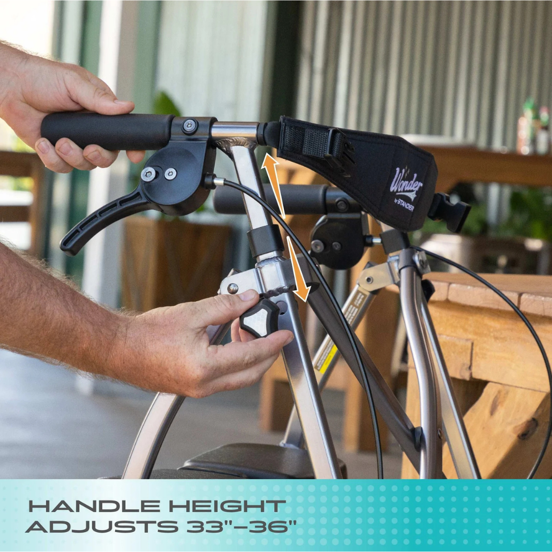 A person adjusts the Stander Space Saver Rollator - Ultra Compact & Lightweight handle with a knob. An arrow displays the height range, 33-36". Portable and lightweight, this rollator is ideal for easy customization and transport.