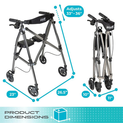 Two views of the Stander Space Saver Rollator - Ultra Compact & Lightweight: open (23" W x 26.5" L x 33-36" H), folded (10" W x 11" L). “Product Dimensions” text and size markers show its compact, lightweight design.
