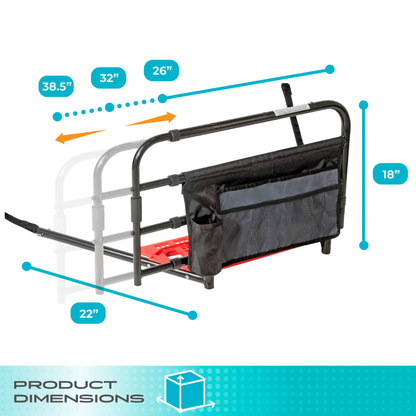 A black folding garden kneeler and seat with a red platform, side storage pouch, and dimensions: 38.5W x 32/26D x 22B x 18H cm—designed for convenience inspired by the Stander Wonder Extendable Pivot Bed Rail.