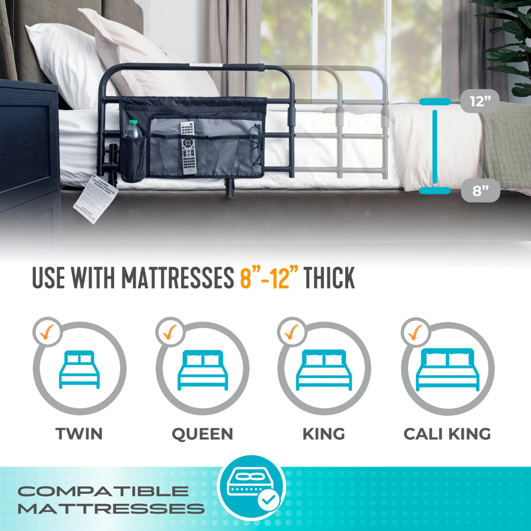 The Stander Wonder Extendable Pivot Bed Rail, compatible with 8–12" mattresses, fits twin, queen, king, and California king beds to enhance nighttime safety.