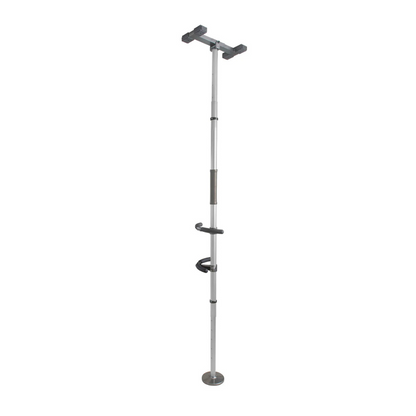 The Stander Wonder Pole Premium is a tension-mounted metal fall prevention pole with rubber grips, circular base, and T-shaped top, designed to assist users with standing, sitting, or moving safely in the bathroom. Universal fit for stability support.