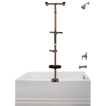 The Stander Wonder Premium Bathtub Fall Prevention Pole in bronze, featuring adjustable shelves, is installed in the corner of a white bathtub for stability and safety, with coordinating showerhead and faucet fixtures on the wall.