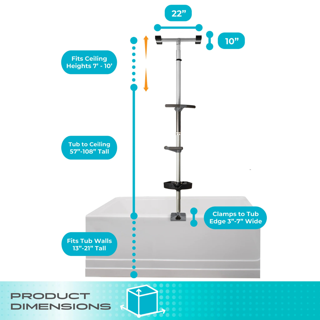 Diagram of the Stander Wonder Premium Bathtub Fall Prevention Pole above a tub, showing fit: ceilings 7-10', tub to ceiling 57-108", tub walls 13-21", clamping edge 3-7", and shelf size 22"x10" for easy installation.