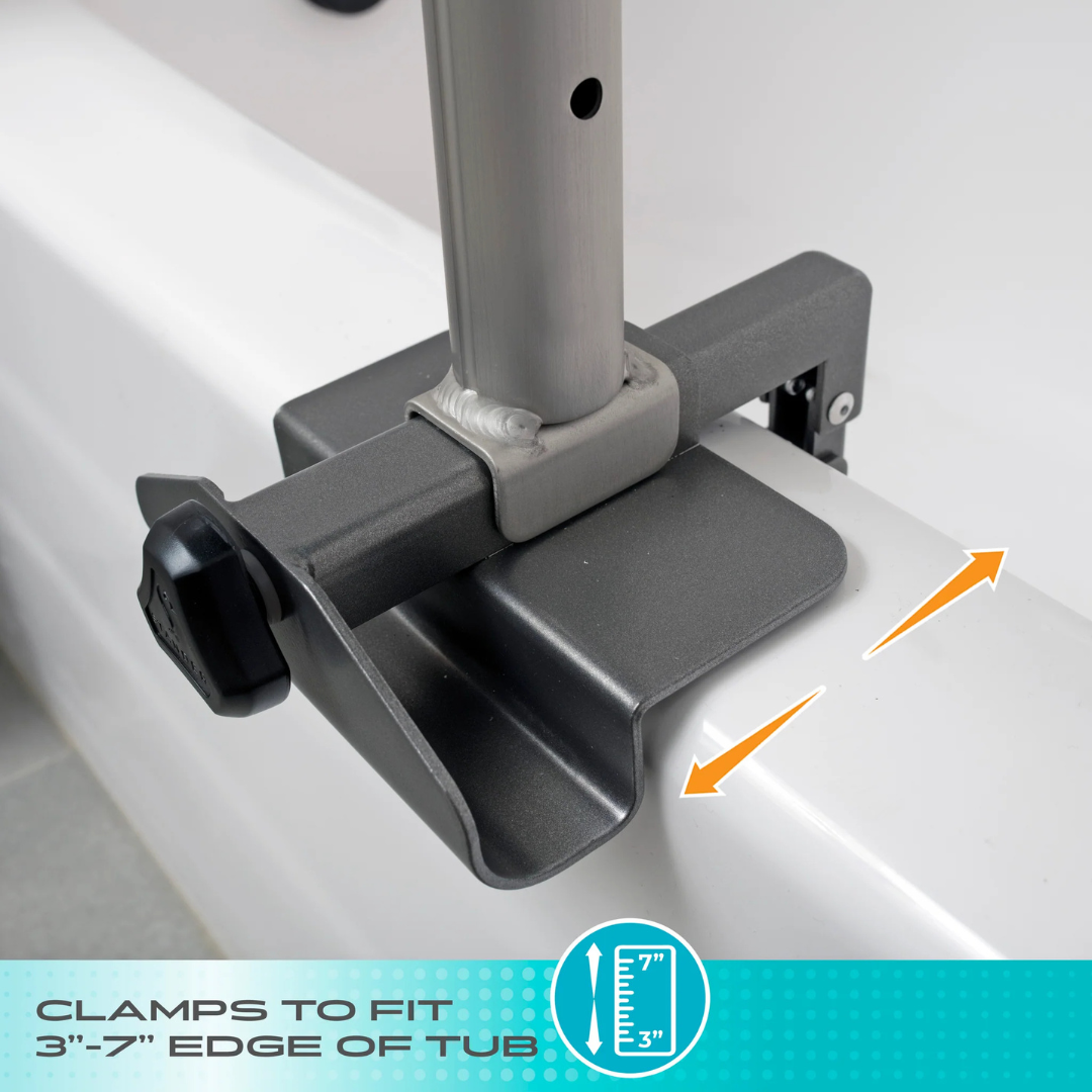 A close-up shows a metal clamp securing the Stander Wonder Premium Bathtub Fall Prevention Pole to a tub edge. An arrow highlights its 3”-7” adjustable range. Text below reads, “Clamps to fit 3”-7” edge of tub.”.