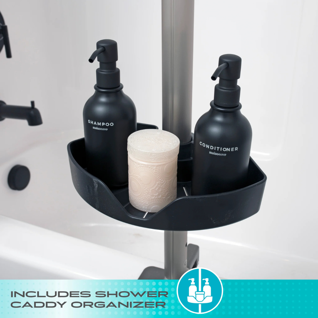 A close-up of a black shower caddy organizer holding shampoo, conditioner, and soap, mounted on a Stander Wonder Premium Bathtub Fall Prevention Pole. Text below reads, Includes shower caddy organizer.