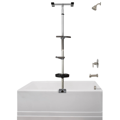 A Stander Wonder Premium Bathtub Fall Prevention Pole in silver, with shelves and handles, is installed vertically in a white bathtub next to a wall-mounted showerhead, faucet, and handles for added safety.