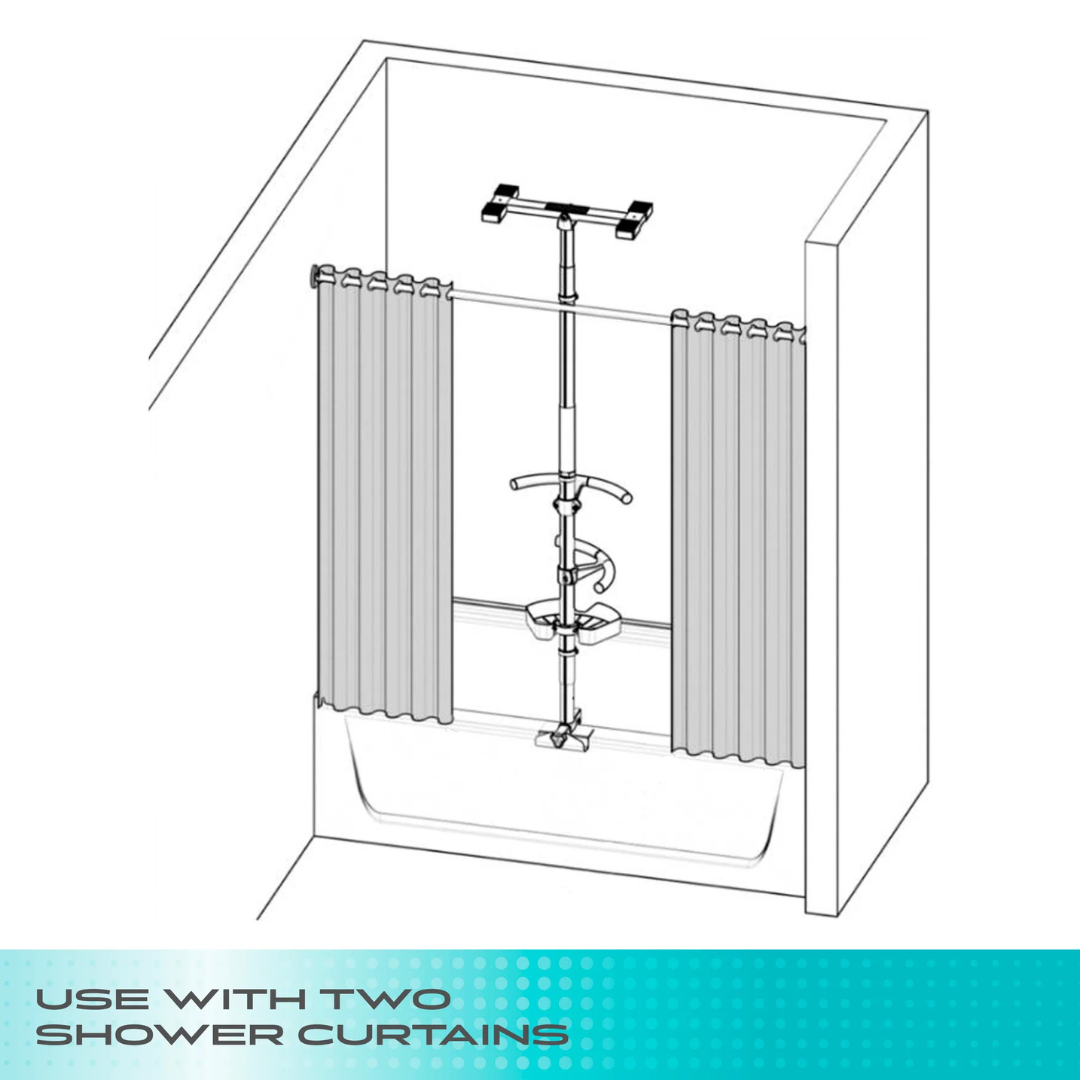 A diagram shows a premium bathtub with a double shower curtain on a circular rod, ideal for two curtains. Text: USE WITH TWO SHOWER CURTAINS and pair with the Stander Wonder Premium Bathtub Fall Prevention Pole for added safety.