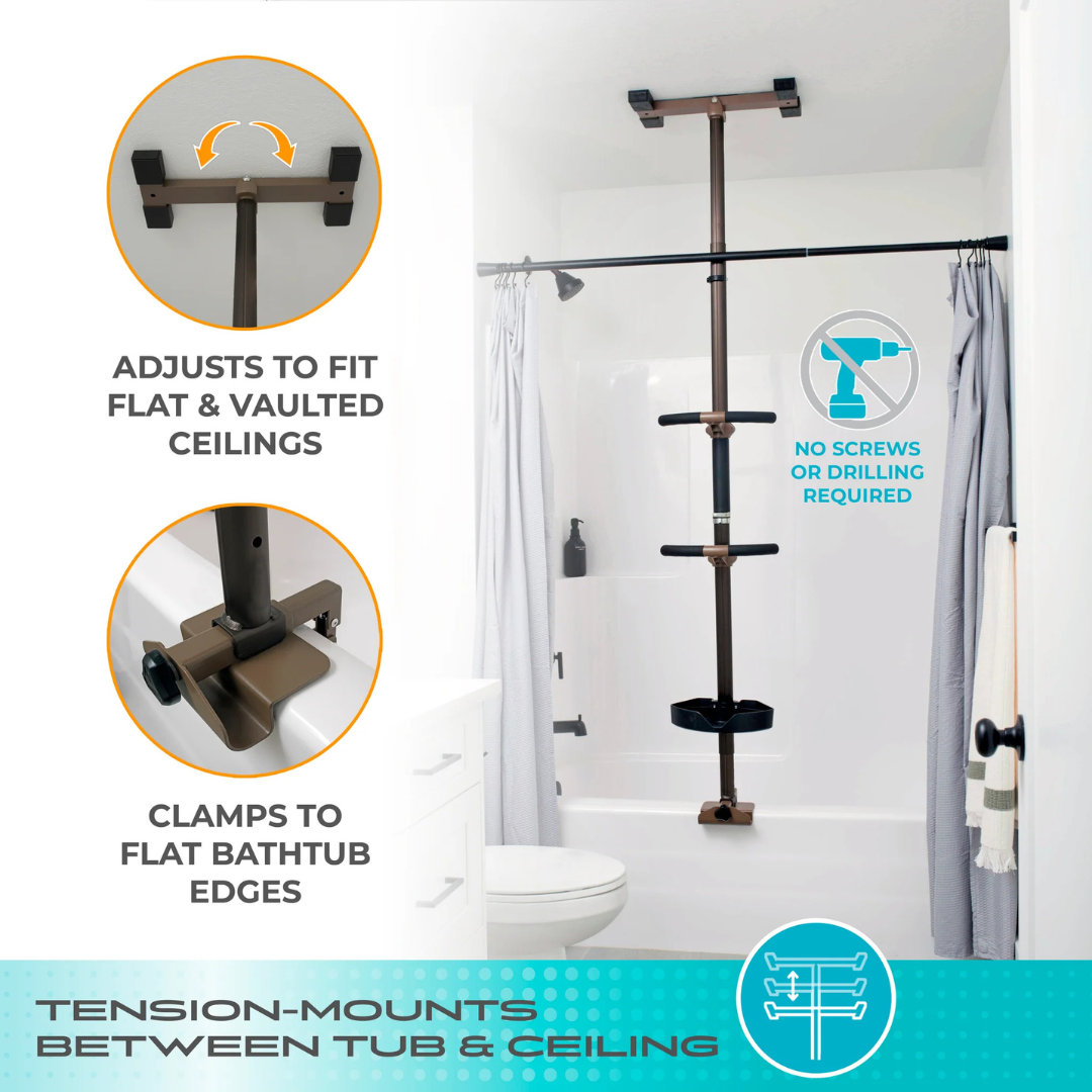 The Stander Wonder Premium Bathtub Fall Prevention Pole installs between a premium bathtub edge and the ceiling in a white bathroom, adjusts for flat or vaulted ceilings, clamps to tub edges, and requires no screws or drilling.