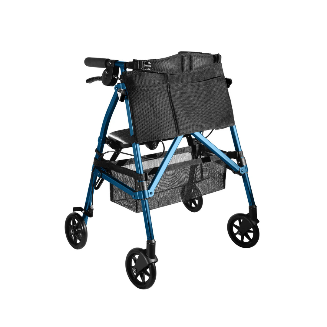 The Stander Wonder Rollator Plus is a blue compact folding rollator with four black wheels, a front storage pouch, and an under-seat mesh basket, designed to assist with mobility and ideal for travel.