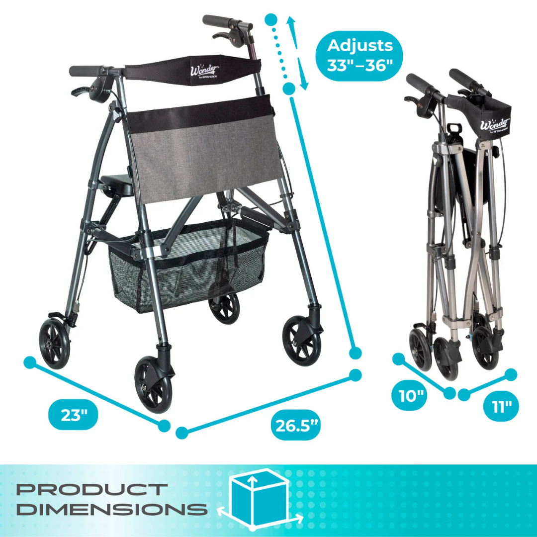 The Stander Wonder Rollator Plus is a lightweight, compact folding rollator with a built-in seat and storage basket. Product Dimensions: 26.5" W x 23" D; height adjusts from 33"–36"; folds to just 10" x 11".