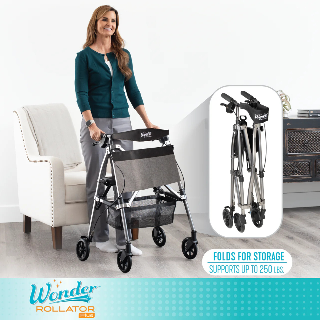 A smiling woman stands behind a Stander Wonder Rollator Plus, a compact folding rollator, in her living room. An inset shows the travel rollator folded for storage. Text highlights its folding design and 250-lb weight capacity.