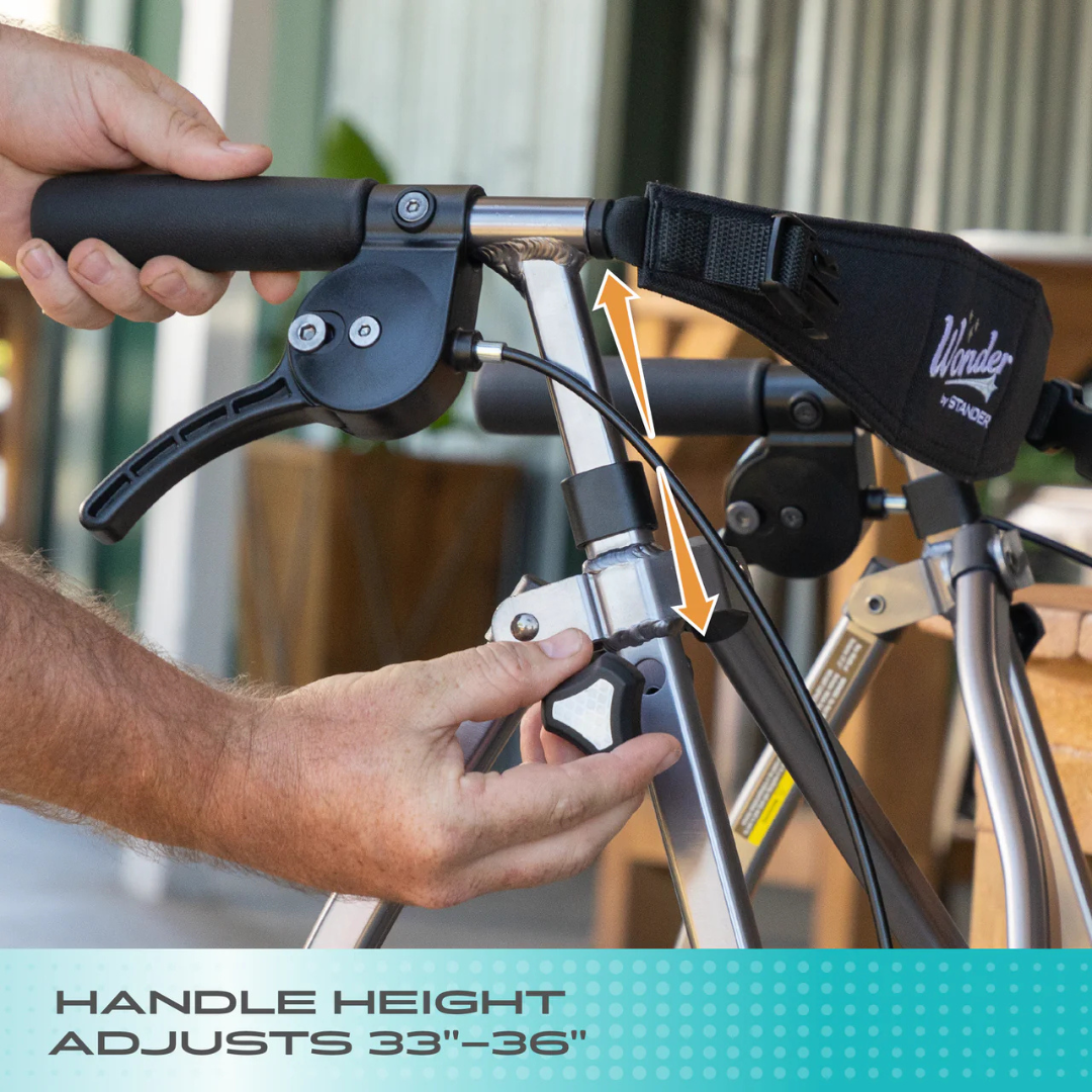 A person adjusts the handle height of the Stander Wonder Rollator Plus using a knob, with arrows illustrating the 33–36-inch adjustable range. The text reads, "Handle height adjusts 33–36 inches.
