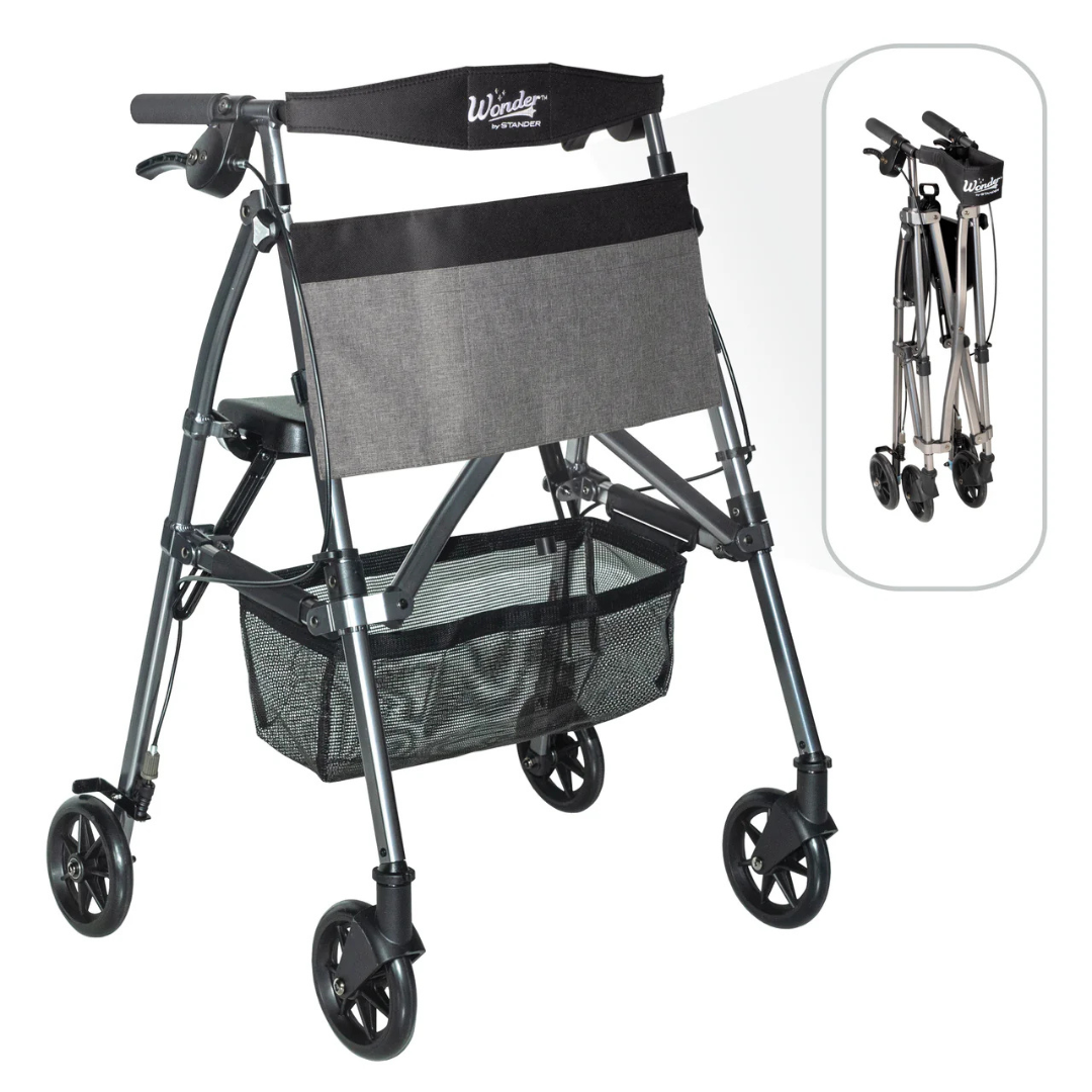 The Stander Wonder Rollator Plus is a lightweight gray mobility aid with four wheels, a mesh storage basket, and a fabric backrest. An inset displays the Wonder Rollator Plus neatly folded for compact storage and transport.